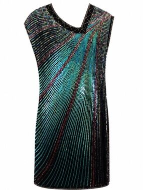 Vintage 80s Iridescent Sequin Party Dress Disco Glam Cocktail Mini Size S 4-6